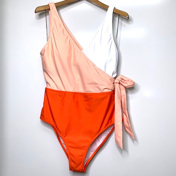 NWT CUPSHE Orange White Colorblock One Piece Swimsuit Patchwork Belt Wrap V-neck - Picture 2 of 8